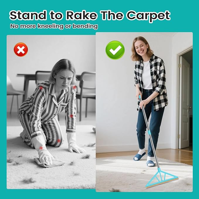 Carpet Rake for Pet Hair Removal, Reusable Pet Hair Remover, 55”Adjustable Long - Image 3