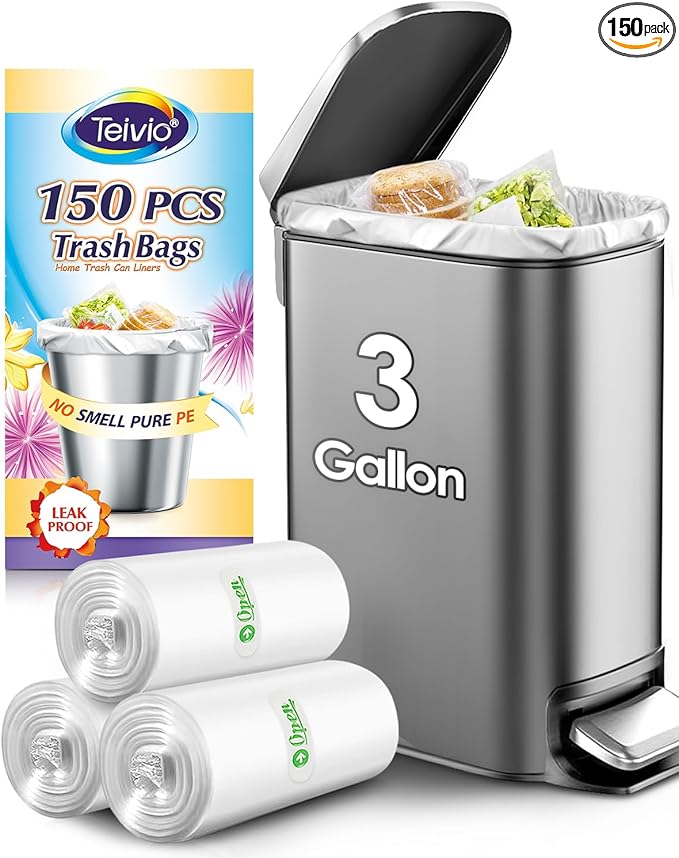 Teivio 3 Gallon 150 Counts Strong Trash Bags Garbage Bags, Bathroom Trash Can by Teivio