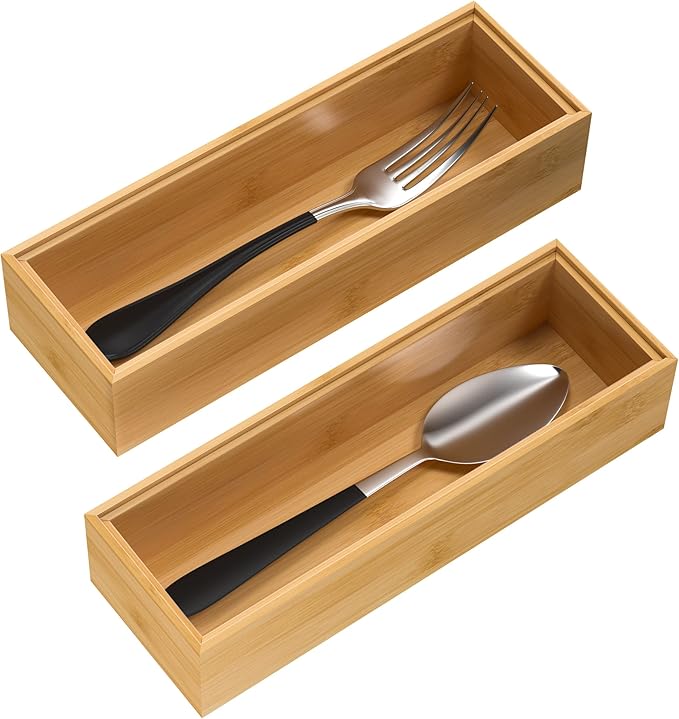 Silverware Tray for Drawer, Stackable Kitchen Bamboo Drawer Organizer 9" x 3" x by VeyFey