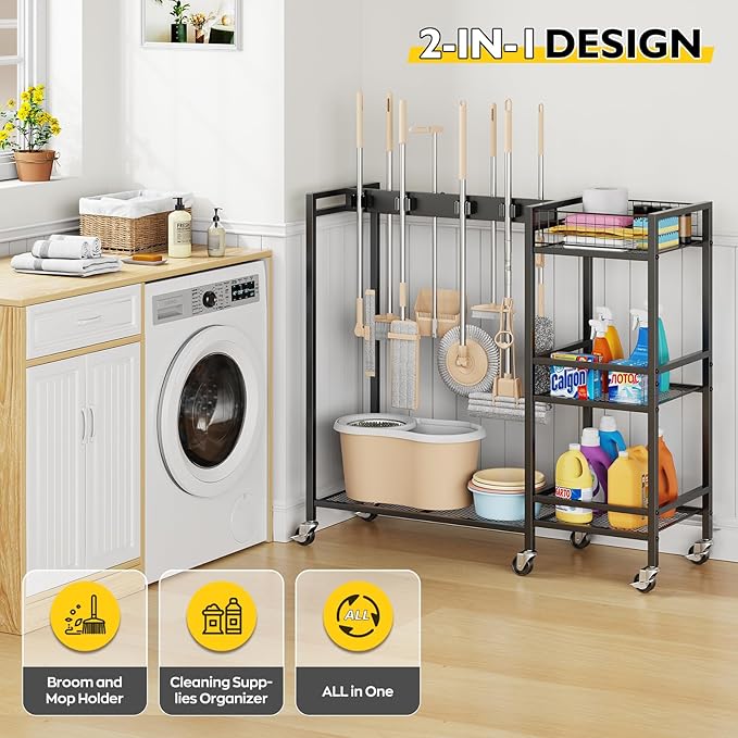 Broom Holder with Cleaning Supplies Organizer, Movable Broom Closet Storage - Image 3
