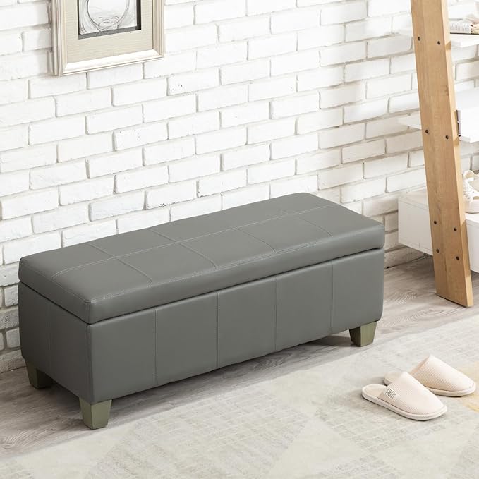 Grey Faux Leather Ottoman with Storage, Rectangular Extra Long Storage Bench - Image 7
