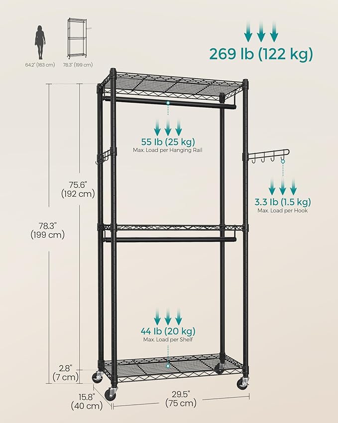 SONGMICS Heavy-Duty Rolling Clothes Rack, Garment Rack, Portable Closet - Image 6