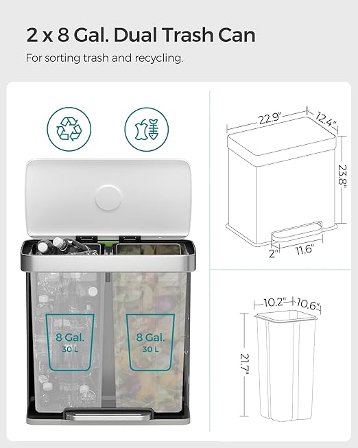 SONGMICS Kitchen Trash Can, 16 Gallon Dual Compartment Garbage Can, 60L Pedal - Image 3