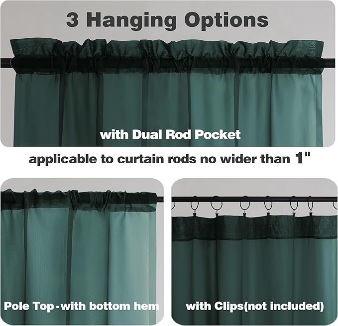 Chyhomenyc Hunter Green Sheer Curtains 54 Inch Long 2 Panels Set, Short Voile - Image 3