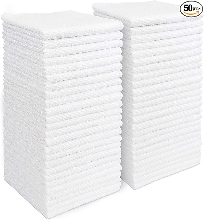AIDEA Microfiber Cleaning Cloth White 50PK, Microfiber Towels by AIDEAHOME