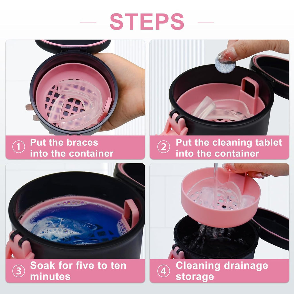 Leak-Proof Denture Bath Cup for Travel, Denture Cup for Soak Dentures, Retainer Cleaning Case with Strainer (Black + Pink)