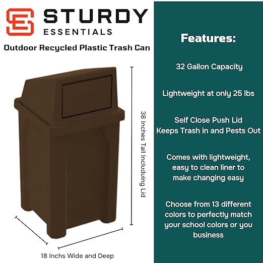 32 Gallon Square 100% Recycled Plastic Heavy Duty Outdoor Trash Can - Image 2