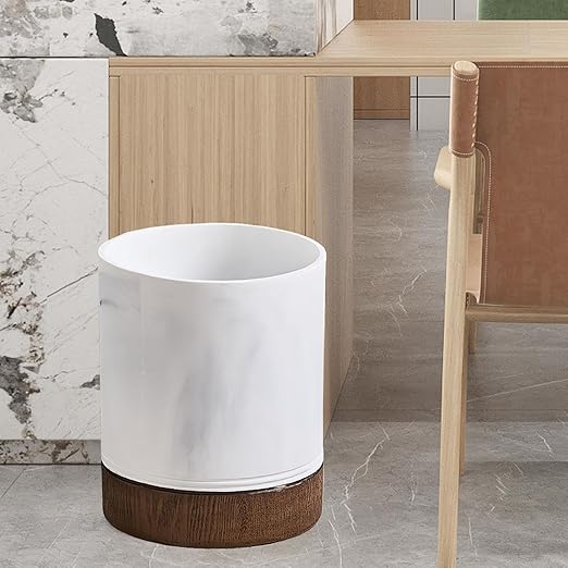 Polytree White Marble and Brown Wood Round Wastebasket, Resin Small Round - Image 7