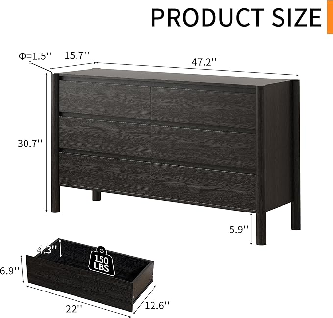 Dresser for Bedroom with 6 Drawers, Wooden TV Stand, Closet Clothes Organizer - Image 2