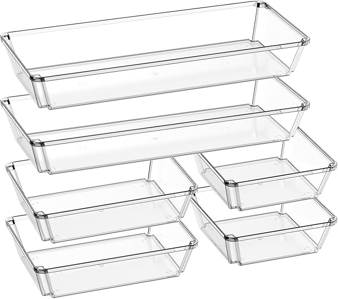 6 Pack Large Clear Plastic Drawer Organizer Trays, Desk Drawer Organizers and by JOLLYIN