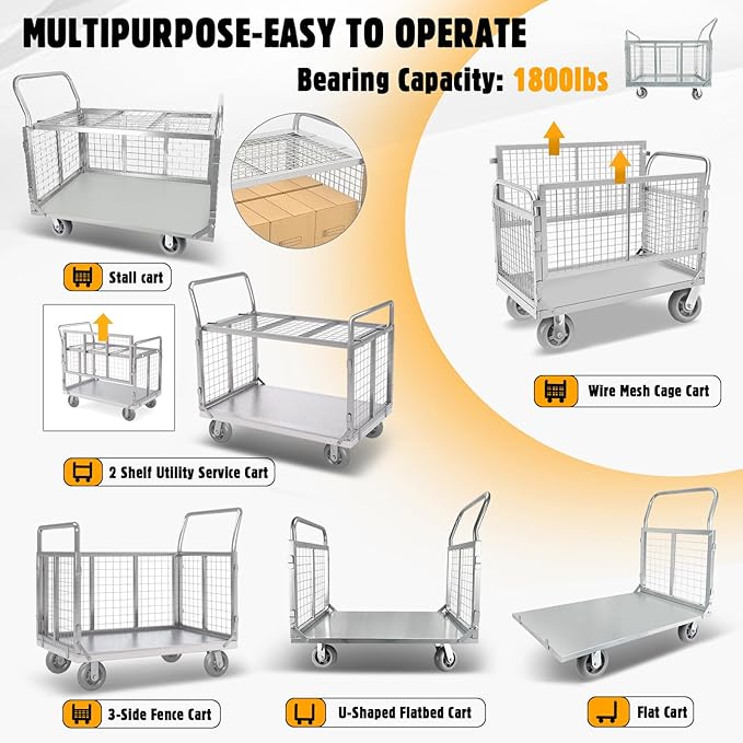 Platform Truck Cart with Cage, 6 in1 Foldable Flatbed Cart Heavy Duty Push Cart - Image 5
