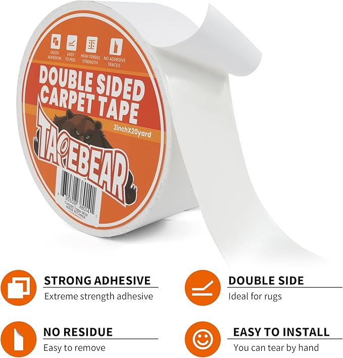 TAPEBEAR Double Sided Carpet Tape 2Inch x 20Yards x 2Rolls, Heavy Duty Rug Tape - Image 2