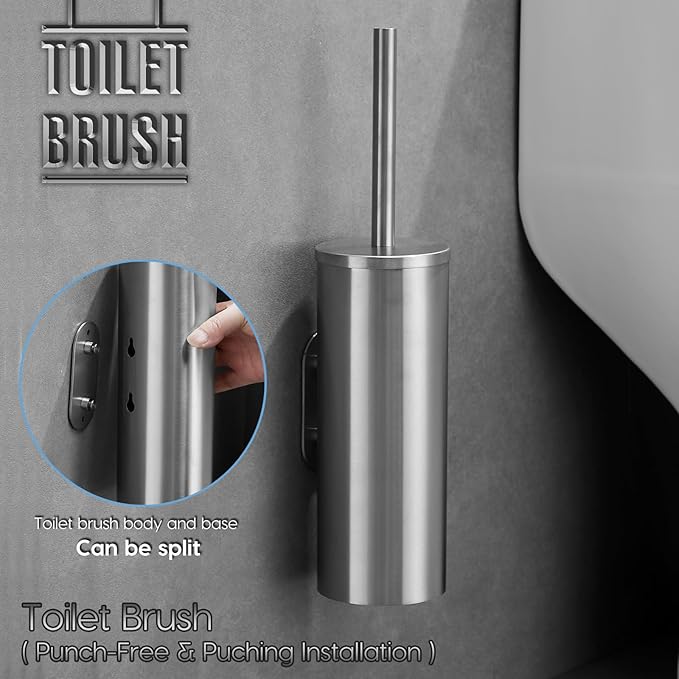 Brushed Stainless Steel Toilet Brush and Cover, No-Punch Hook Base Dual Purpose - Image 2
