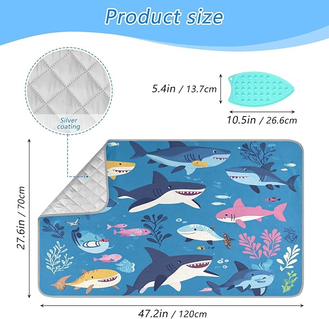 Sharks Fishes and Seaweed Blue Ironing Mat Thickened Ironing Blanket Travel - Image 2