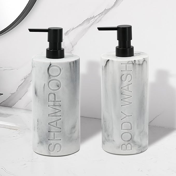Marble Resin 2 Piece Shampoo and Body Wash Dispenser Set, Luxurious Refillable - Image 8