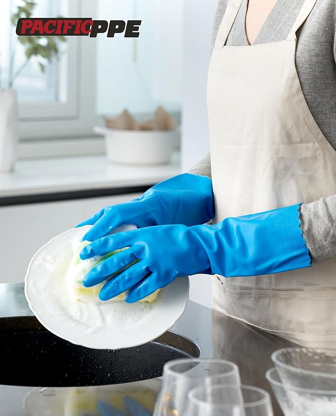 PACIFIC PPE 2 Pairs Reusable Dishwashing Cleaning Gloves, Cotton Liner - Image 6