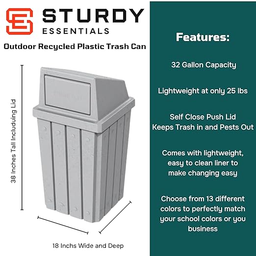 32 Gallon Square Slatted 100% Recycled Plastic Heavy-Duty Commercial Outdoor - Image 2