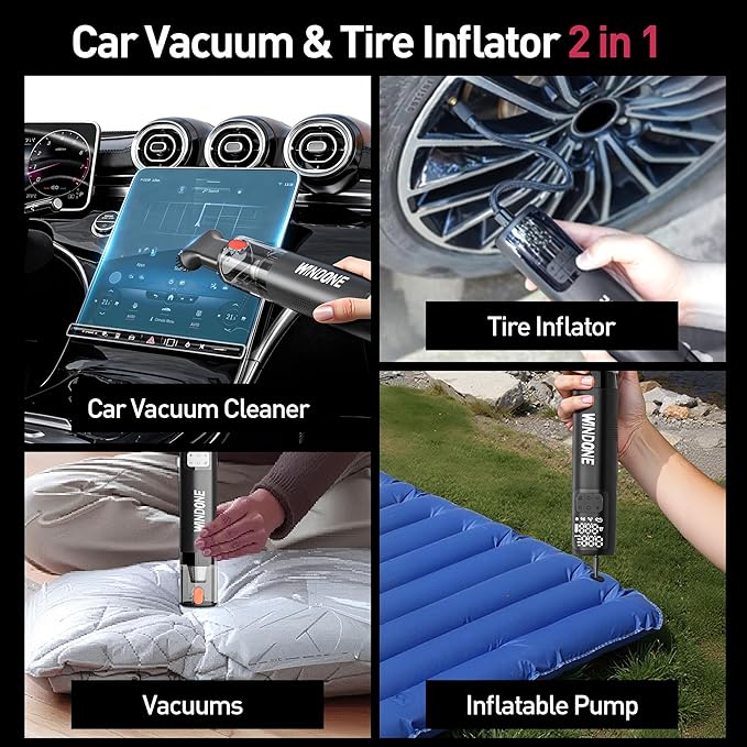 Windone Car Vacuum, 12000Pa 2-in-1 Cleaner & Tire Inflator 150PSI, 60W - Image 6