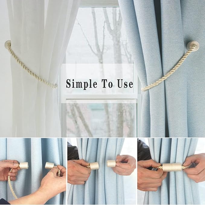 Magnetic Curtain Tiebacks 6 Pack Beige Curtain Rope Tieback Curtain Holders - Image 3