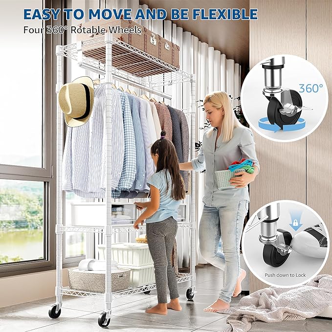Heavy Duty Rolling Garment Rack 3 Tiers Adjustable Wire Shelving Clothes Rack - Image 3