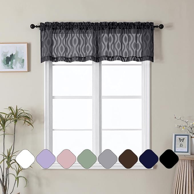 Aiyufeng Black Kitchen Curtains 14 Inch Length, Clip Jacquard Chic Wavy Line by Aiyufeng
