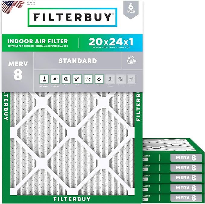 Filterbuy 20x24x1 Air Filter MERV 8 Dust Defense Replacement, Electrostatic by Filterbuy