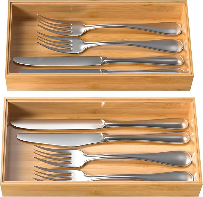 Silverware Tray for Drawer, Stackable Kitchen Bamboo Drawer Organizer 12" x 6" - Image 7