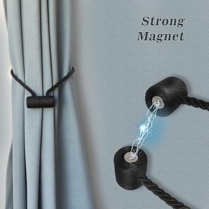 Hion Magnetic Curtain Tiebacks Black 4 Pack, Curtain Tiebacks Buckles Holdbacks - Image 3