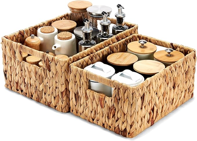 Wicker Baskets 2 Pack, Water Hyacinth Rectangular Storage Basket by ROSOS