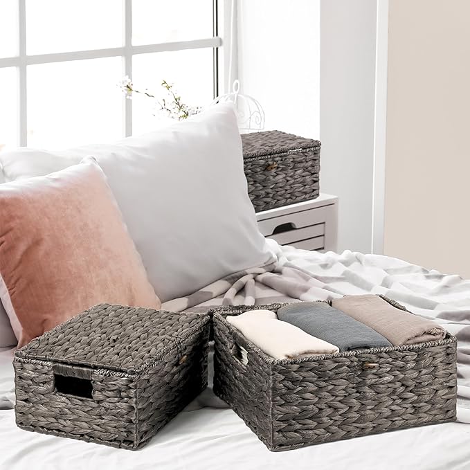 Wicker Storage Baskets with Lids and Handles, Hand Woven Rattan Storage Bins Box - Image 5