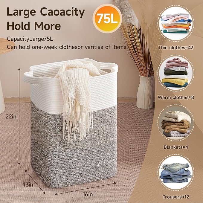 CLHMILY&Z 75L Laundry Hamper Rectangular Cotton Rope Basket - Image 4