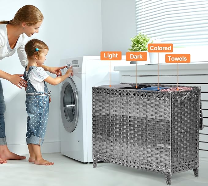 Laundry Hamper with 4 Removable Liner Bags; 176L Handwoven Rattan Laundry - Image 2