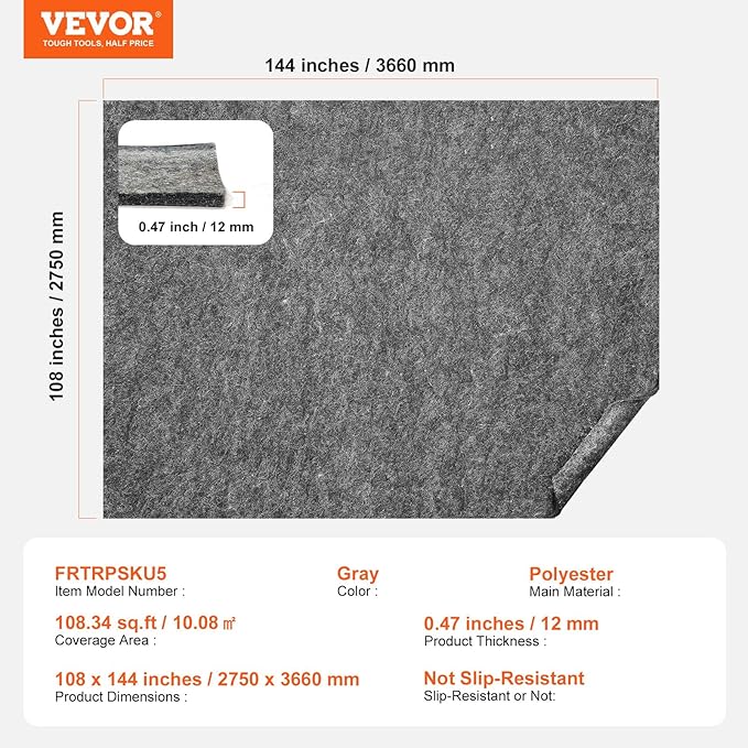 VEVOR Rug Pad Without Slip Resistance, Protective Cushioning Carpet Pad 9' x 12' - Image 7