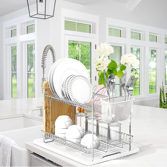 Simple Houseware 2-Tier Stainless Steel Dish Rack - Image 2