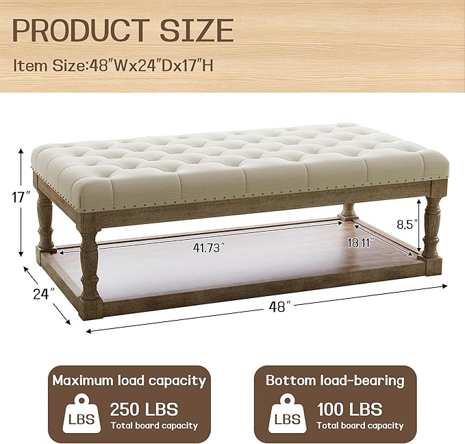 48" Large Ottoman with Storage Coffee Table, Upholstered Tufted Linen Ottoman - Image 2