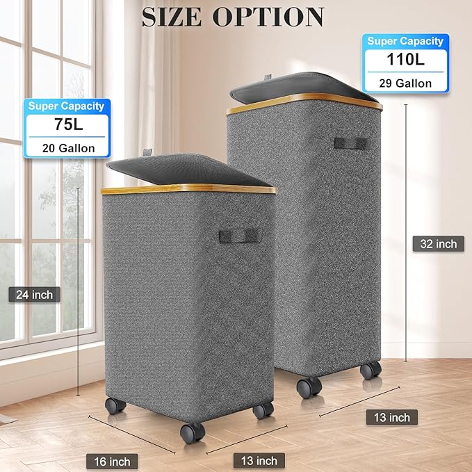 Laundry Hamper with Wheels, 20 Gal Laundry Basket with lid Rolling Clothes - Image 4