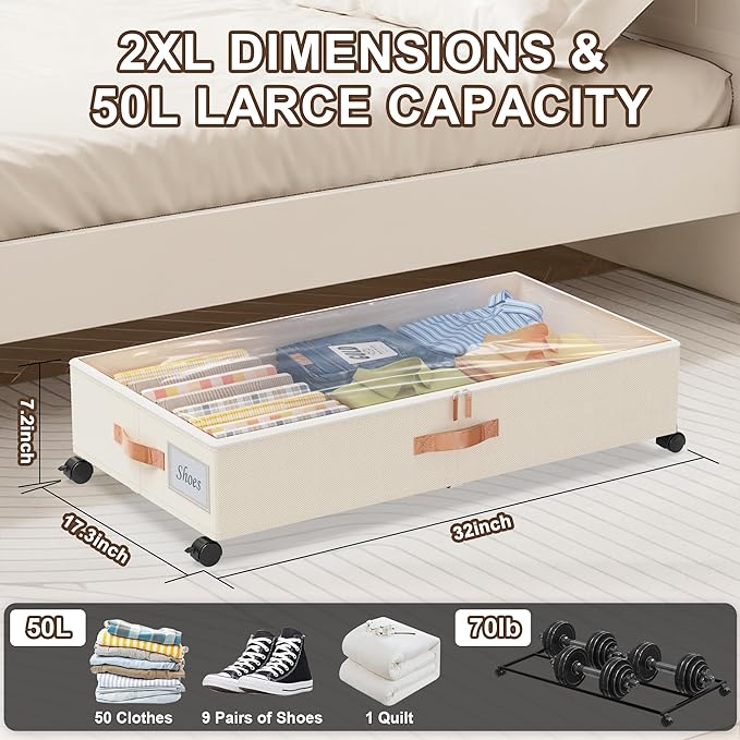 Under Bed Storage with Wheels, XXL 65L Under the bed storage Organizer Bins - Image 5