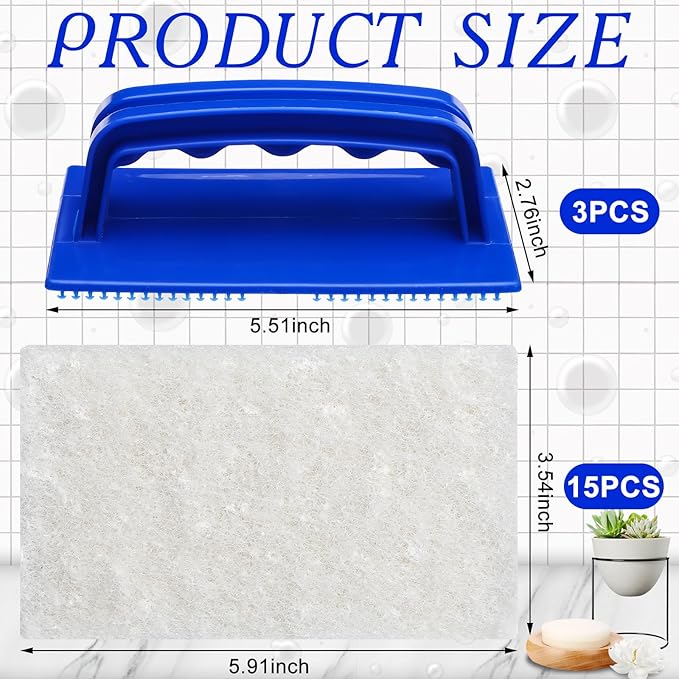 18 Pcs Handled Bath Scrubber Set, 15 Bathroom Scouring Pad 3 Bathtub Scrubber - Image 2