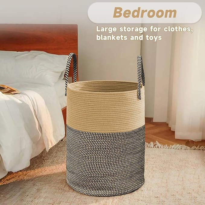Large Woven Laundry Basket Hamper, 80L Cotton Rope Storage Bin - Image 4