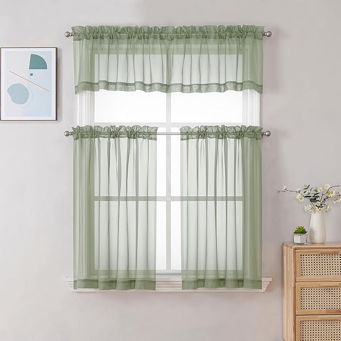 Chyhomenyc Sage Green Sheer Curtains 30 inch Length 2 Panels, Light Filtering - Image 2