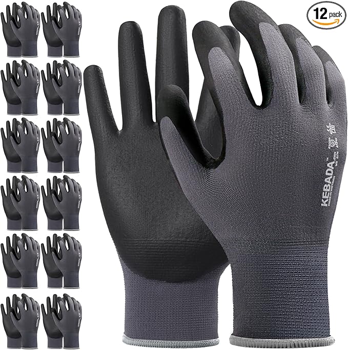 12 Pairs Work Gloves for Men and Women, Nitrile Coated Safety Protective Gloves by KEBADA