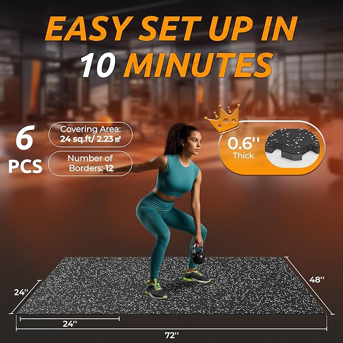 PRAISUN 0.6" Thicker Gym Mat, 6 Tiles 24 Sq Ft Workout Mats, Interlocking Foam - Image 5