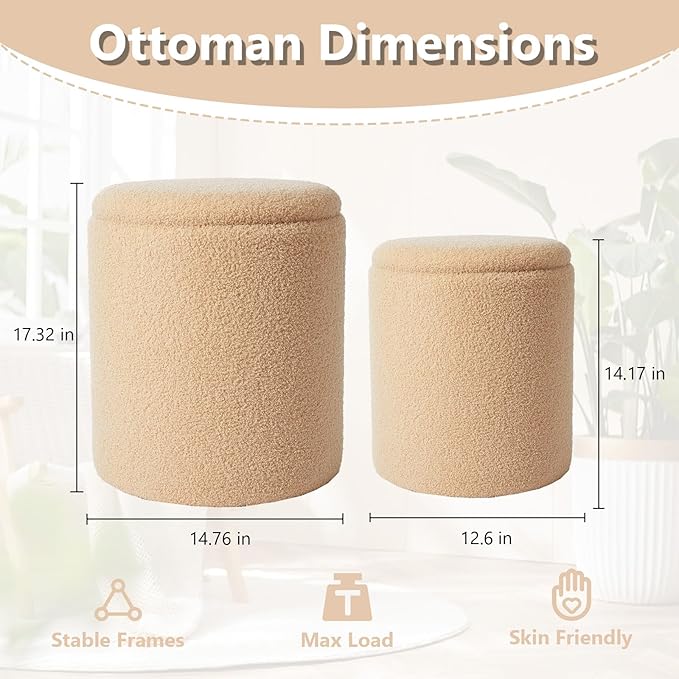Boucle Round Ottoman with Storage Set of 2, Small Foot Stool Ottoman - Image 3