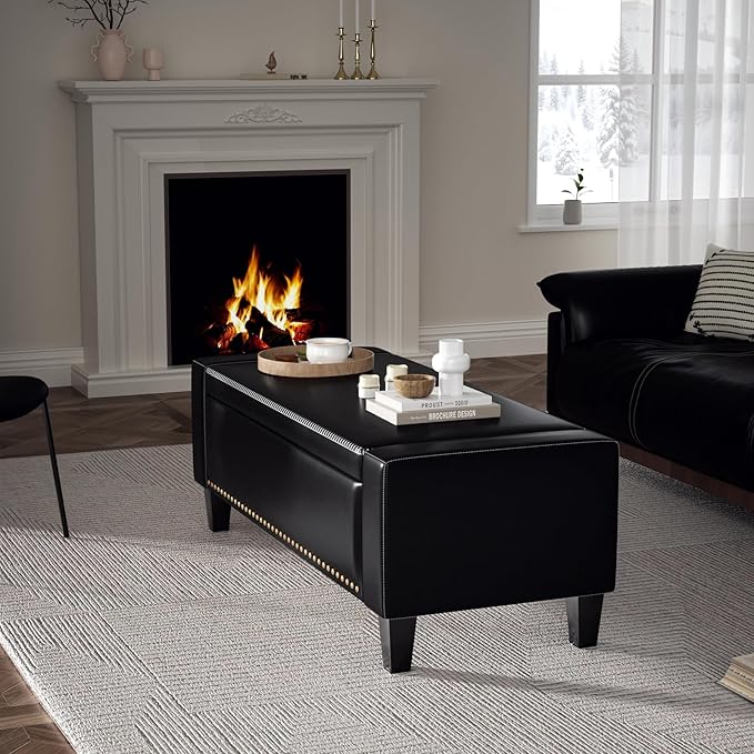 48.8" Storage Ottoman Bench Black | Faux Leather Bedroom Bench - Image 7