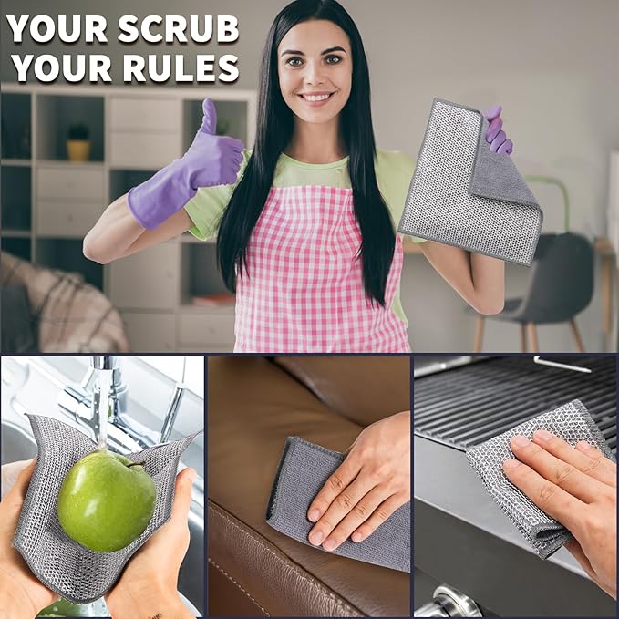 2 in 1 Stainless Steel Scrubber & Microfiber Cleaning Cloth, 10 Pack Towel & - Image 6