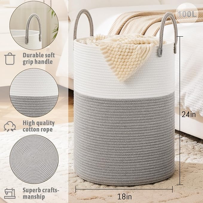 Laundry Basket, Woven Cotton Rope Laundry Hamper, 100L - Image 6