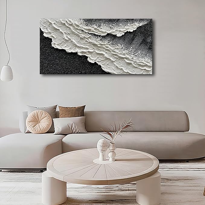 NANKAI 24x48 Inch Hand Painted 3D Ocean Wave Landscape Oil Painting Black and - Image 6