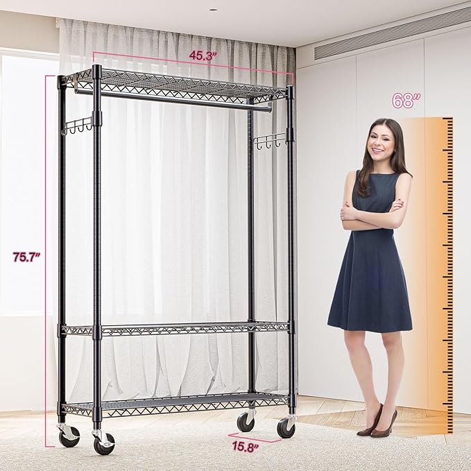 Heavy Duty Rolling Garment Rack 3 Tiers Adjustable Wire Shelving Clothes Rack - Image 8