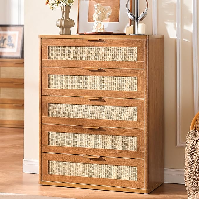 LEYAOYAO Dresser for Bedroom, Modern 5 Drawers Boho Rattan Dressers - Image 2