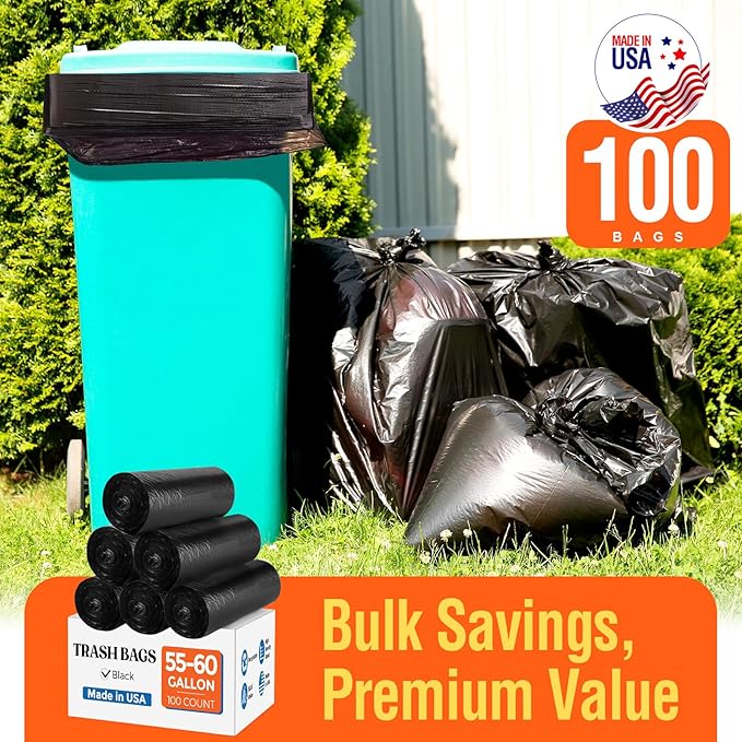 Delxo 55-60 Gallon Black Trash Bags, Durable & Puncture-Resistant Plastic - Image 7